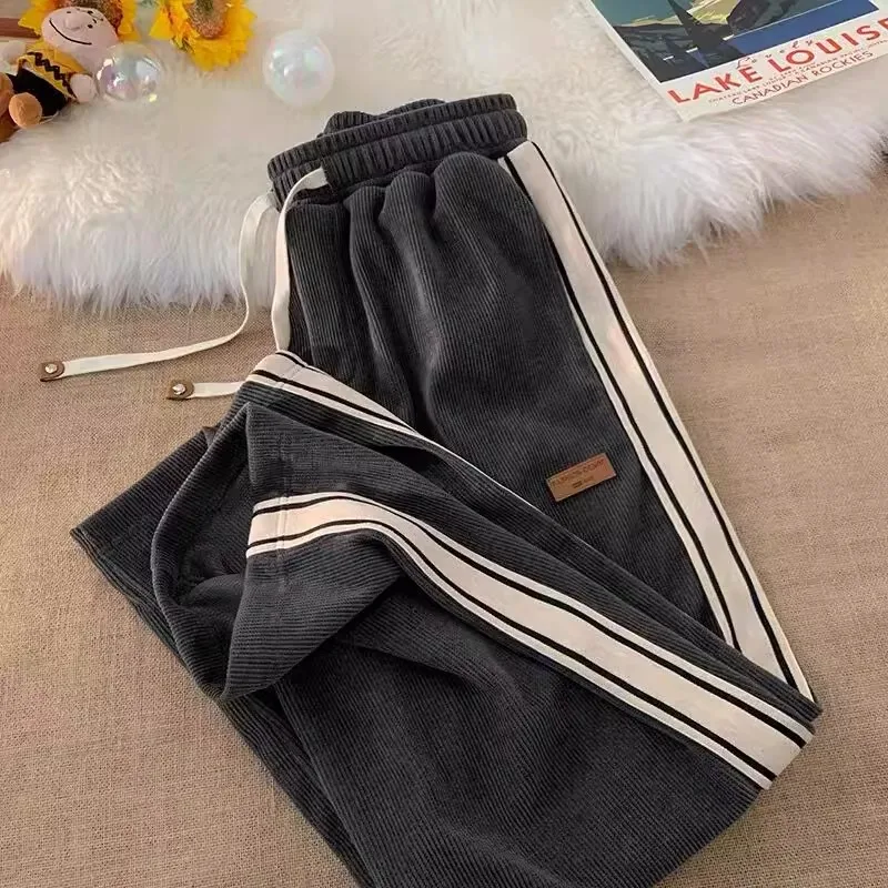 

Women's Corduroy Pants Fleece Lined Loose Fit Casual Sports Trousers High Waist Asymmetric Korean Style Long Pants