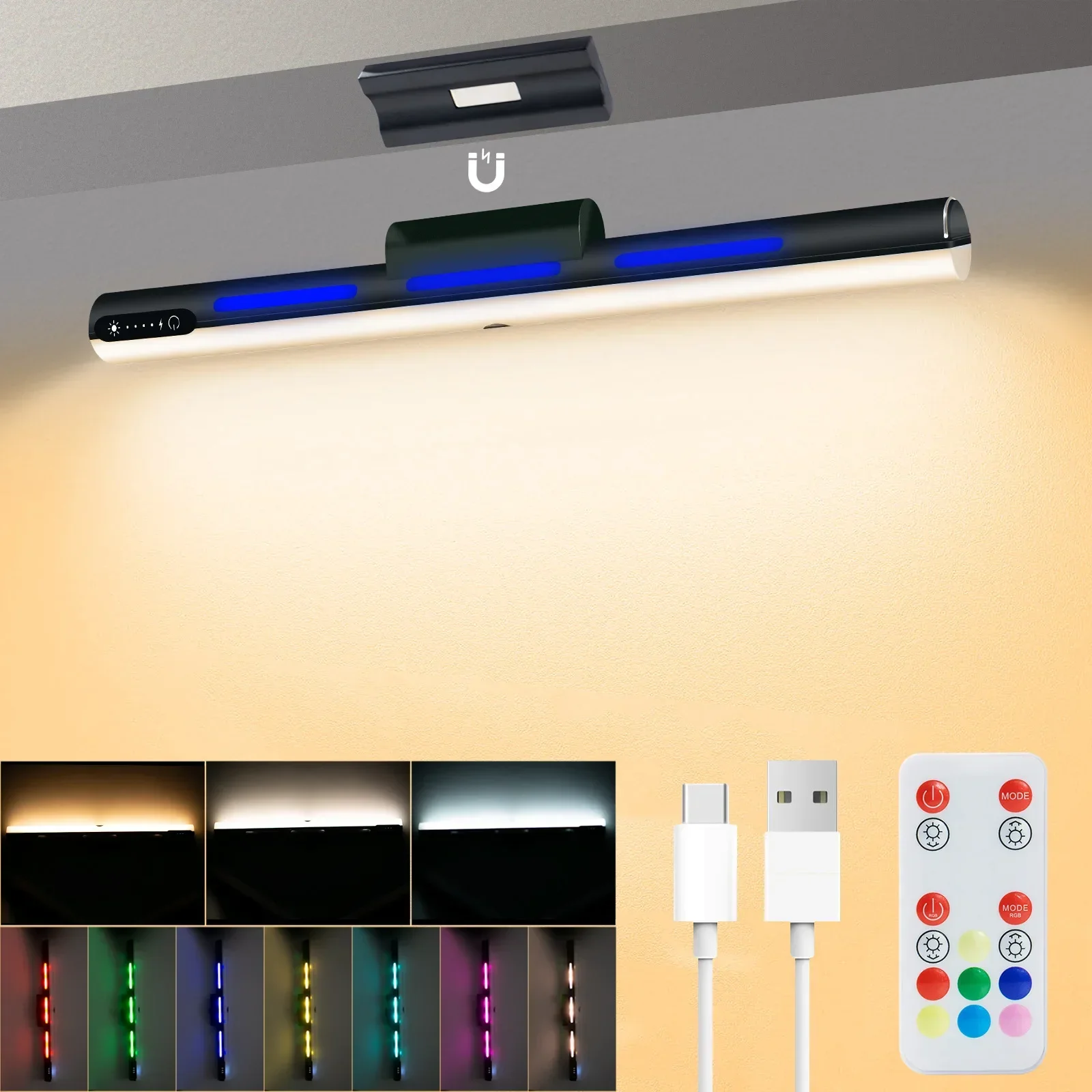 

Creative Magnetic Rechargeable Touch Wall Lamp with Three Color Temperatures and RGB Ambient Lighting for Cabinet 2024 New