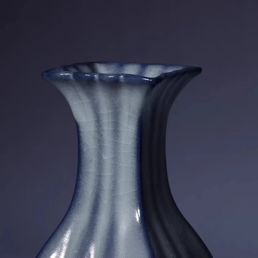 Jun Porcelain Four-sided Multi-ridged Vase Handmade Deep Blue White Glaze Charcoal Burned Song Dynasty Style by Liu Chuang Bo