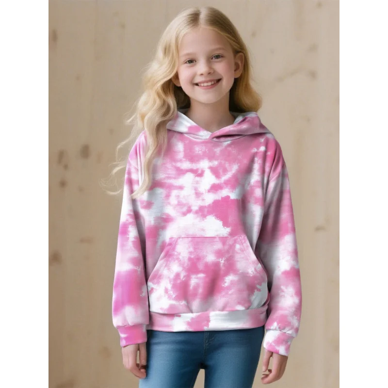 2025 Girls pink and white tie-dye hooded sweatshirt Sweet Casual Style Children's Top