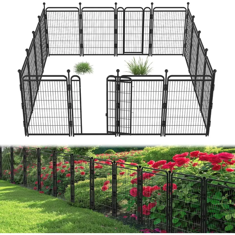 

40 Tall Outdoor Garden Fence with 2 Gates, Heavy-Duty Iron, 16 Panels, 34.7ft Long, Anti-Dig, Automatic Lock, Suitable for Indoo
