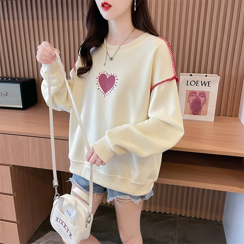 Temperament Korean Print Autumn New Women\'s Round Neck Bright Line Decoration Long Sleeved Versatile Loose Sweatshirts Top