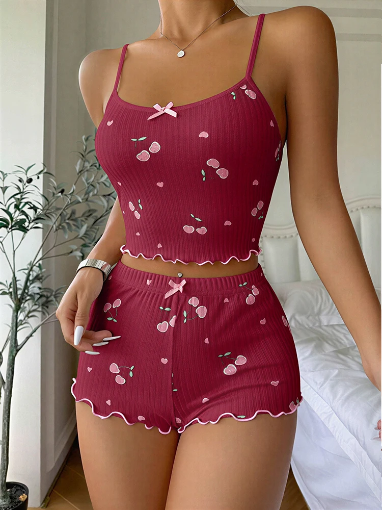 2PCS Sexy Heart Print Pajama Set for Women Sleepwear Silk Stain Round Neck Sleeveless Casual Cami Top and Shorts Sets Loungewear view 4