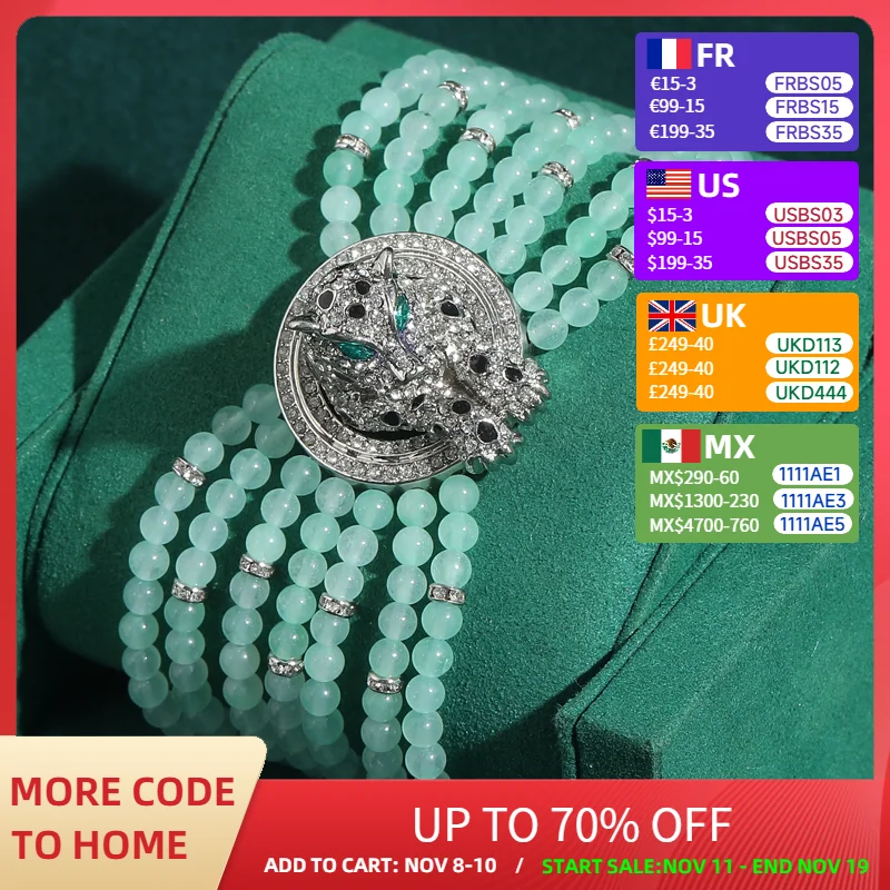 

Vintage Green Jade Bracelet Layered Beads Silver Plated Leopard Head Transparent Wide Zircon Rhinestone Luxury Brands Woman New
