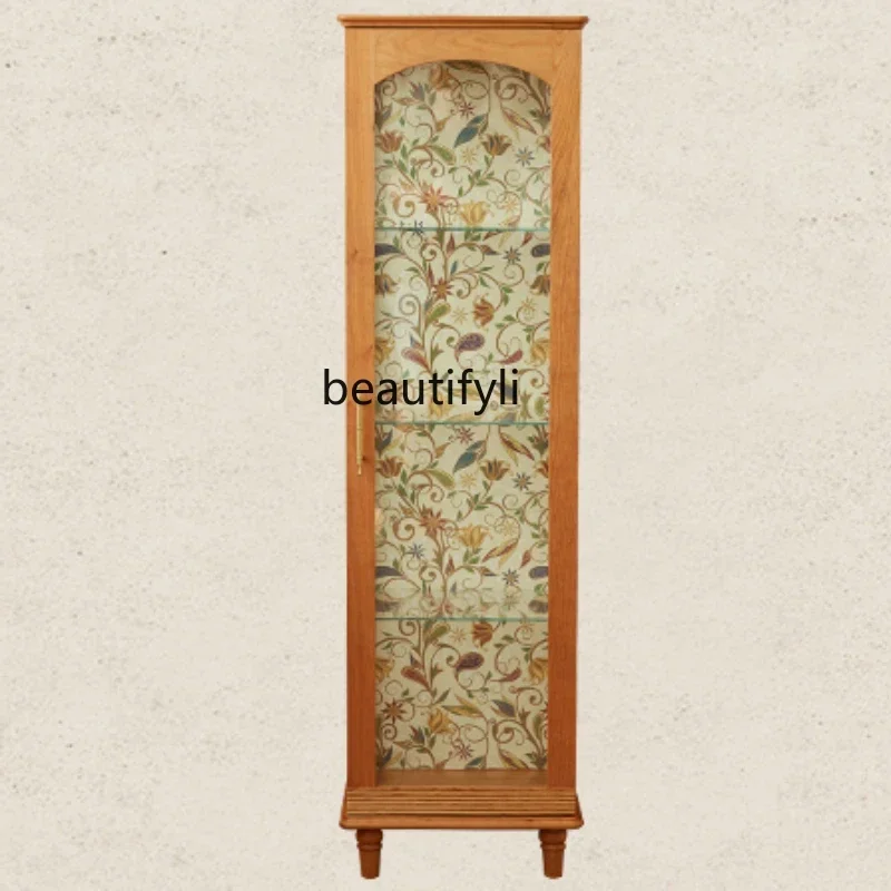 

FG44Nordic Solid Wood Display Cabinet Japanese Style Cherrywood Glass Side Cabinet Home Living Room Retro Locker