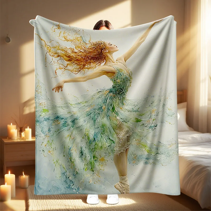 1pc Ballet Dancer Print Blanket - Elegant Ballerina & Pointe Shoes Design in Green/Blue/White/Gray/Beige - Soft All-Season Couch