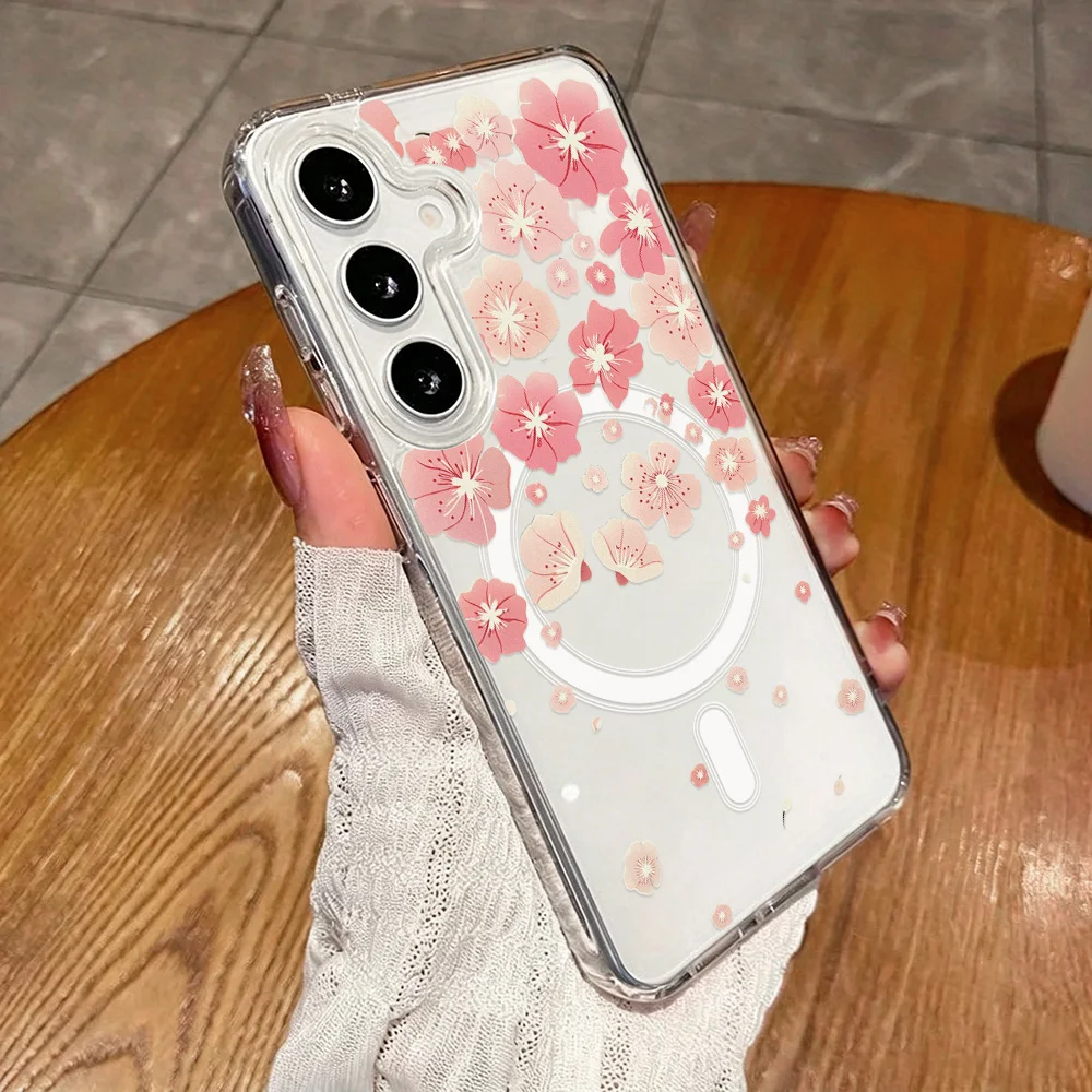 Magnetic Phone Case for Samsung Galaxy A57 A56 A54 A37 A36 A35 A25 5G A07 A06 A15 A16 4G Cases Clear Base Pink Cherry Blossom