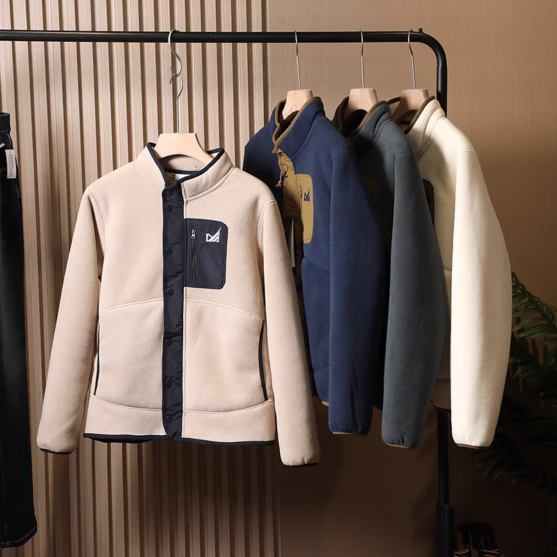 

DP229 Men's Fce Lined Thiened Autumn Winter Windproof Jaet Teddy Velvet Warm Outerwear Stand Collar Zipper Regular Fit