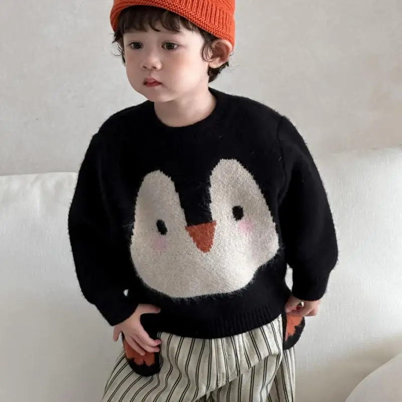 

2025 Winter New Children Long Sleeve Cartoon Sweater Baby Cute Penguin Sweater Boys Girls Knit Pullover Fashion Kids Clothes