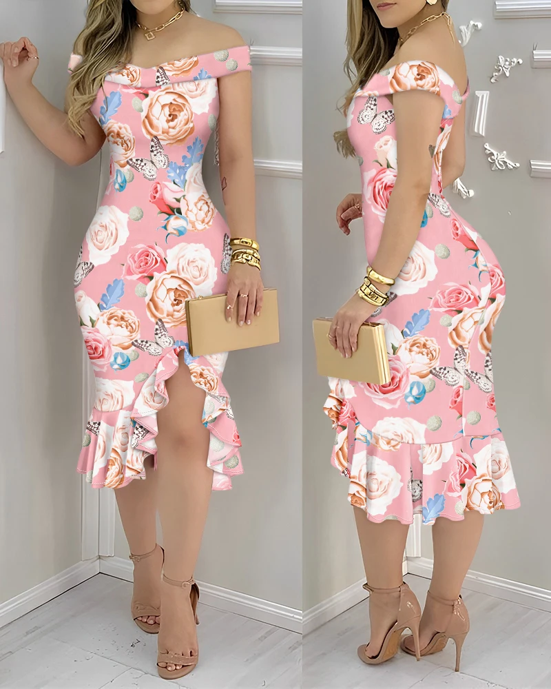 Robes pour femmes 2025 printemps nouvelle mode imprimé fleuri épaules dénudées volants ourlet robe moulante Sexy fente coupe ajustée robe mi-longue