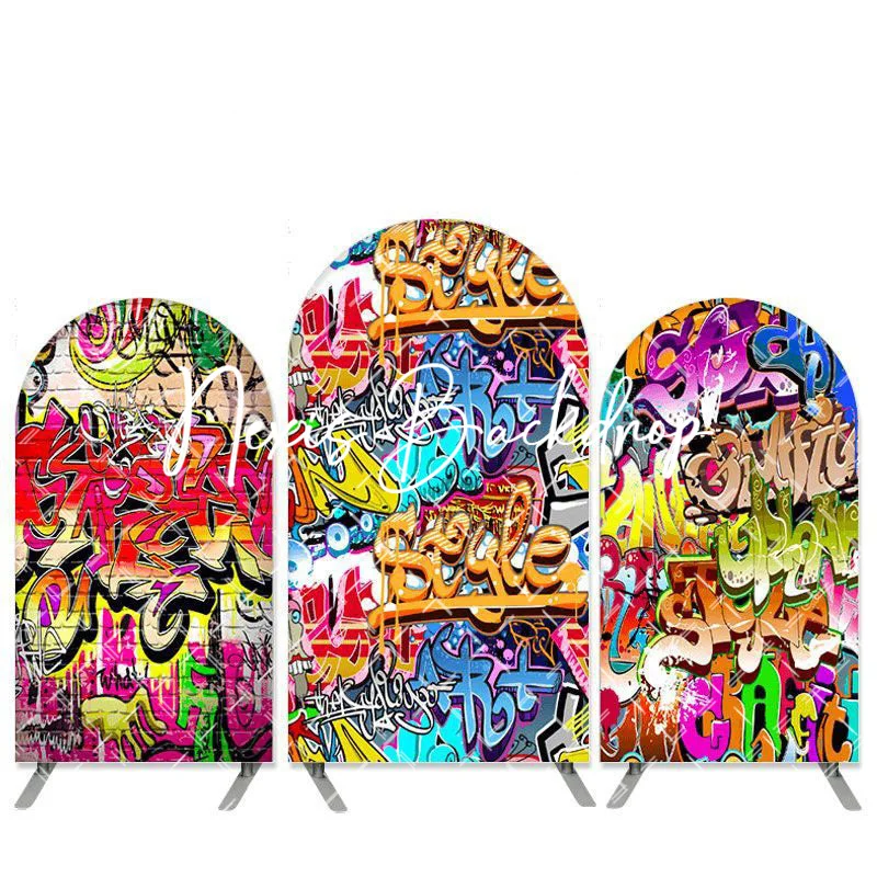 

Graffiti Brick Wall Arch Backdrop Back to 80's 90's Hippie Hip Hop Street Art Let's Party Background Birthday Party Banner