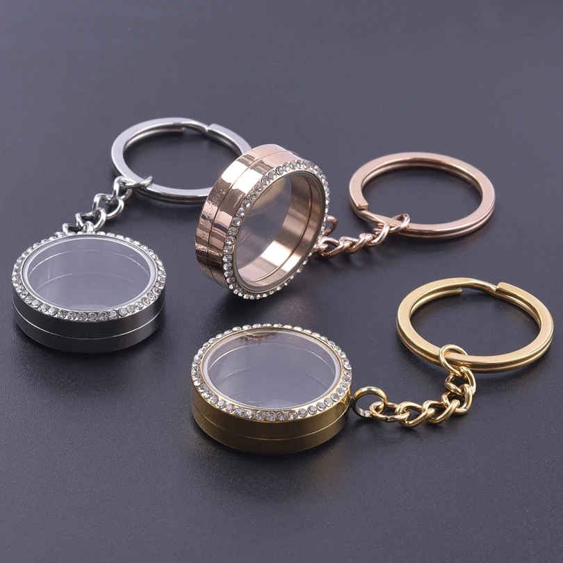 1Pc Stainless Steel Glass Memory Locket Ashes Key Holder For Women Round Floating Living Relicario Pendant Keychain Jewelry