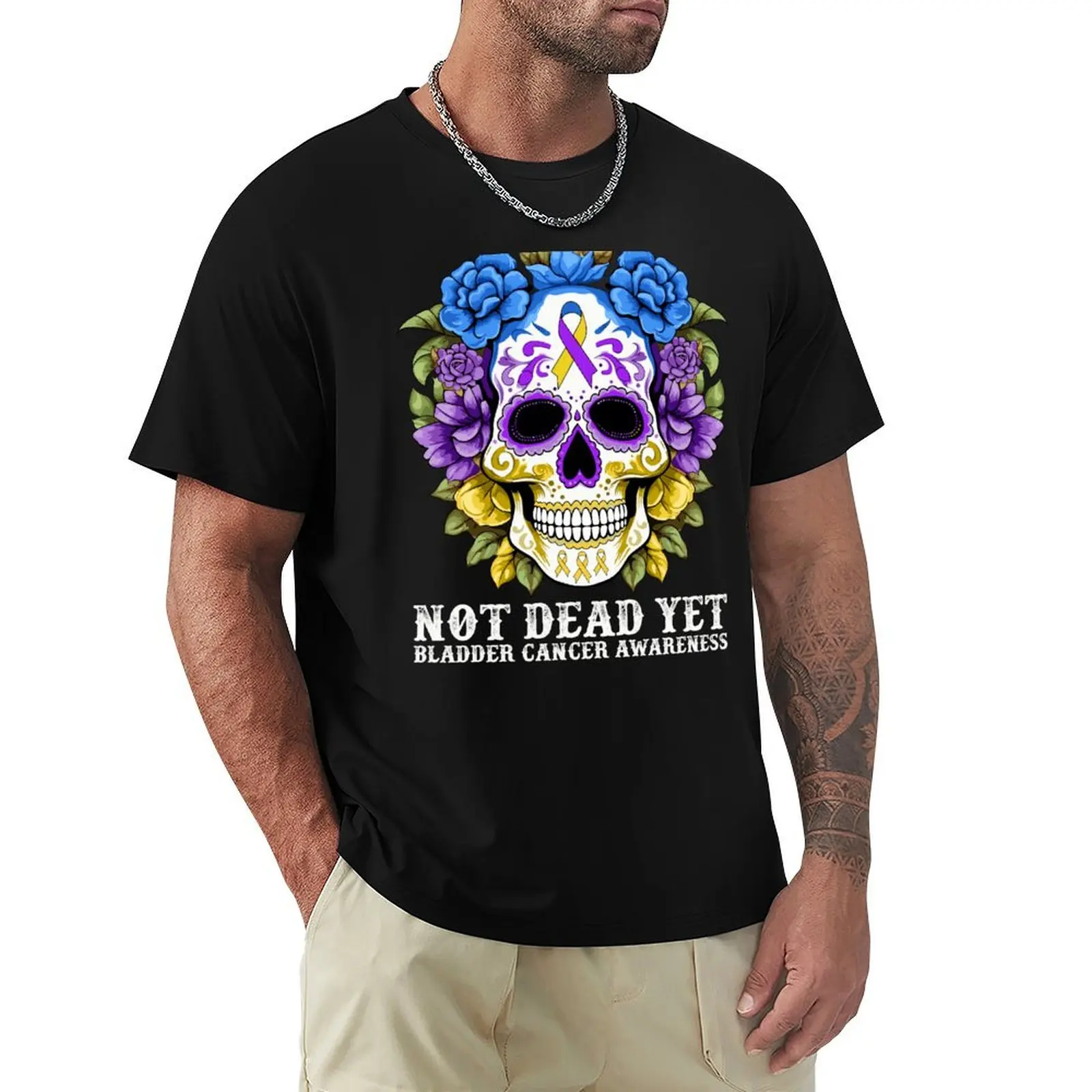 Bladder Cancer Awareness Graphic Flower Skull Aware Gifts T-Shirt Sports Casual Breathable Tee Shirt