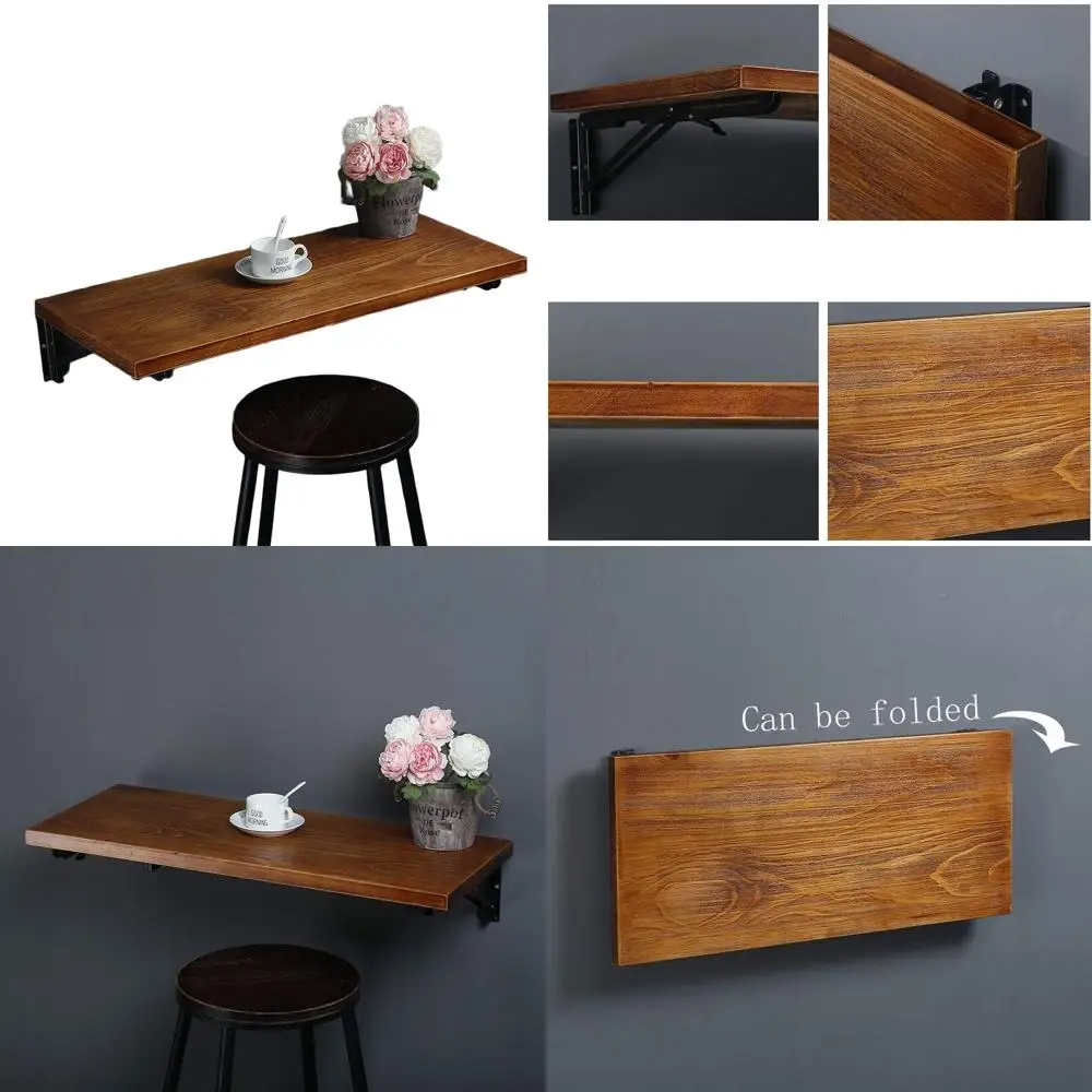 

Rustic Pine Wood Wall-Mounted Workbench Desk with Drop Leaf, Ideal for Dining, Study, and Collapsible Butcher Block Use