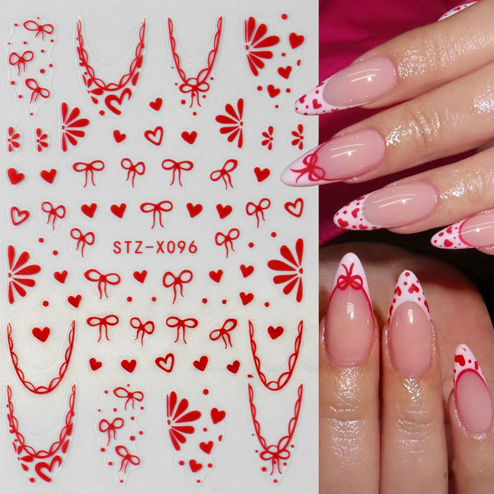 

1pcs Red Lace French Nail Art Stickers Cute Bow Spot Heart Curved Fingertips Adhesive Decals Sweet Polka Dots Manicure Stickers