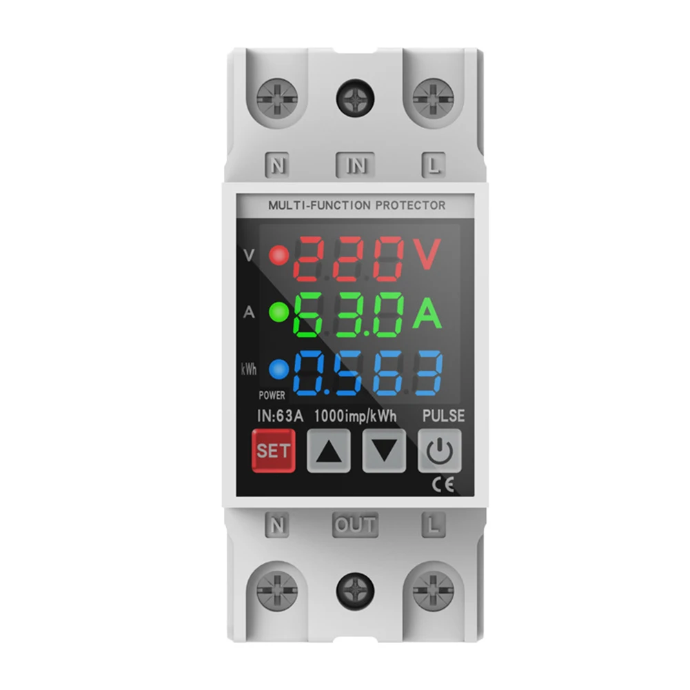 Three Display Metering Timer Protector with Adjustable Voltage Thresholds and DIN Rail Mounting 63A 85x50x37mm