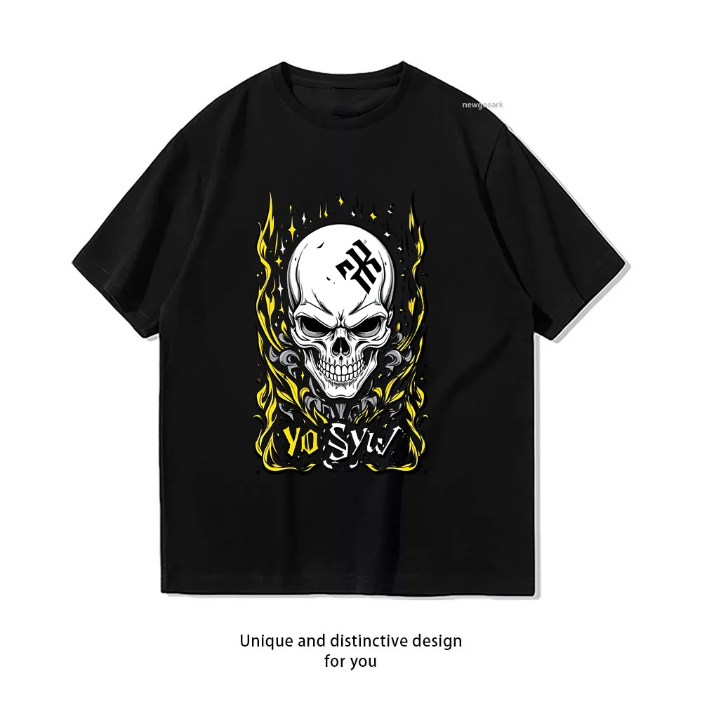 Skull Flames Gothic Design T-Shirt Print  Casual Cotton Short Sleeve Tee for Men Women