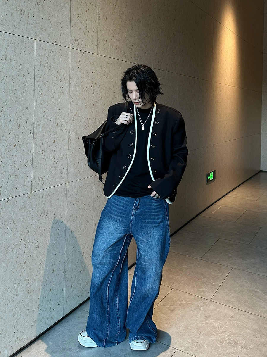 Men's 2025 Spring and Autumn New High-end Button Decoration Coats Contrast Color Casual Jackets Niche Retro Trendy Short Jacket