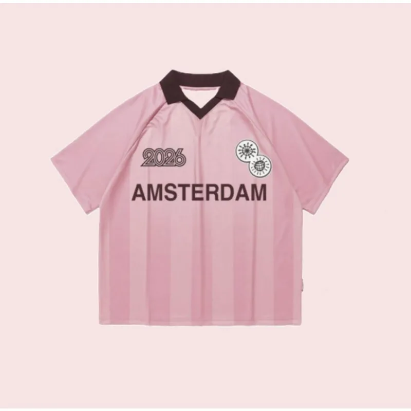 2026 Summer HarryStyles Amsterdam Merch Pink Soccer Jersey Shirt Women Men V-neck Polo Breathable Short Sleeve Loose Causal Tee
