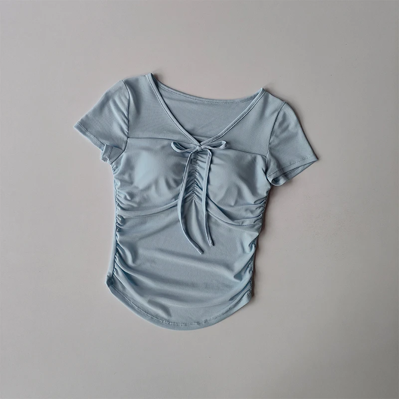 Neues Yoga-Kurzarm-T-Shirt für Damen mit Brustpolstern für Frühling und Sommer, schlichtes, schmales Mesh-Top für attraktive Mädchen. – Detail 5