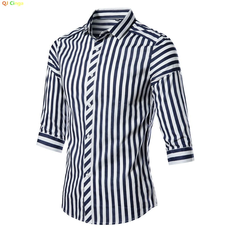 Summer New Black Three Quarte Striped Shirt Men Fashion Slim Shirts Red Black Chemise White Men Casual Camisa Big Size M-4XL 5XL