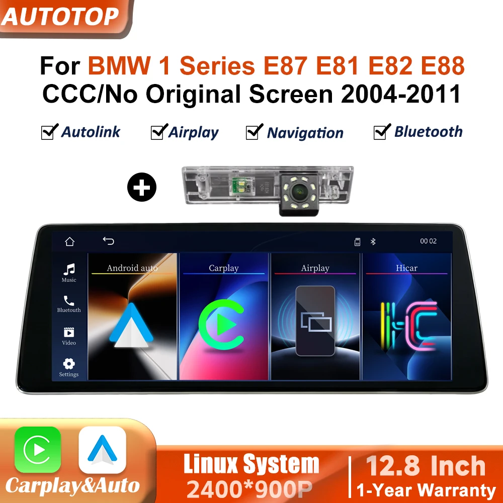 Autoradio sans fil CarPlay Android Auto 12,8 pouces 2400*900P pour BMW Série 1 E87 E81 E82 E88 2004-2011 CCC/Sans écran d'origine Systèmes intelligents pour voiture Écran tactile multimédia intelligent avec Bluetooth Navigation GPS Autolink Navi Mirror Link AirPlay
