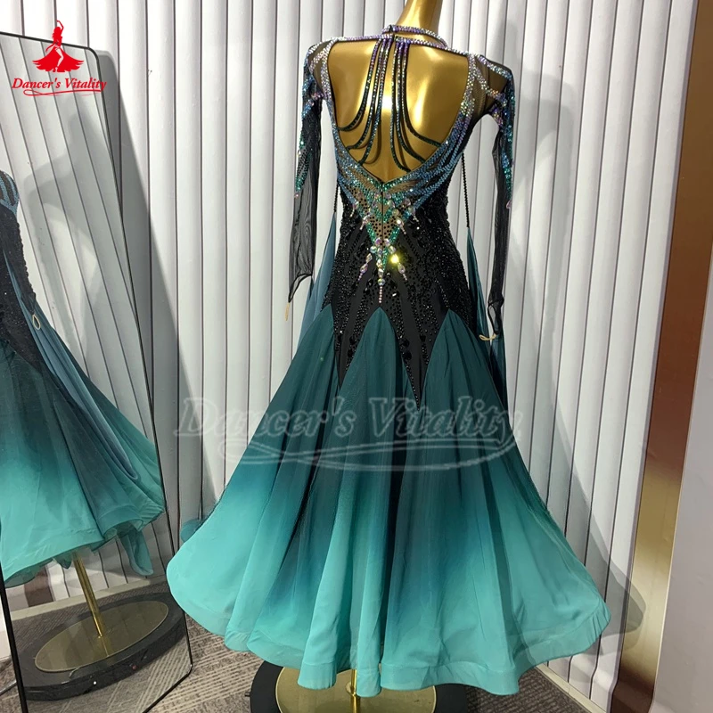 Weiblicher Gesellschaftstanz, langärmelig, allmählicher Farbwechsel, Chiffon, großes Swing-Kleid, Walzer, Foxtrott, Quickstep, Wettbewerb, individuelle Kleidung