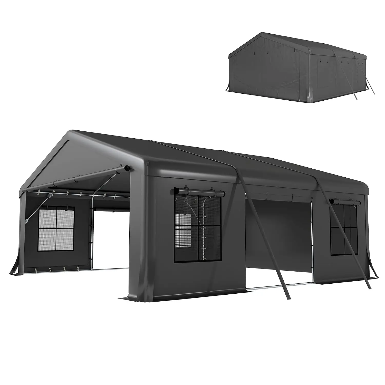 Heavy Duty Carport 20x20ft with 3 Roll-Up Doors & 4 Windows, Dark Gray, Customized