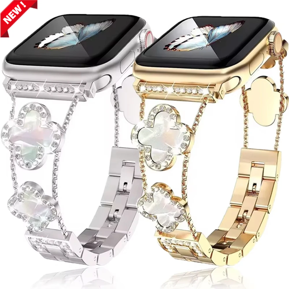 Diamond Four-leaf Clover Metal Strap for Apple Watch Ultra2 Women Band 49/45/44/42/41/40/38mm Iwatch Series 9 8 7 SE 6 Bracelets