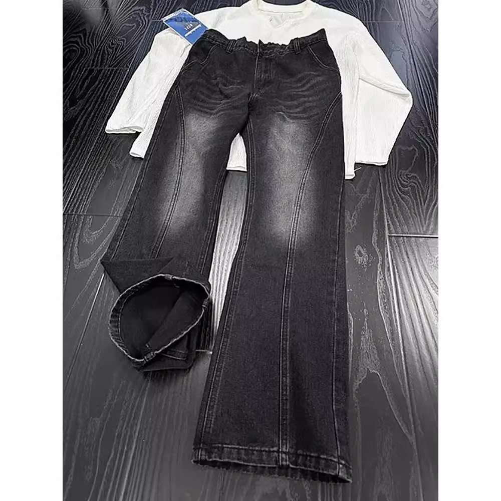 

American style black and gray gradient bootcut jeans for men, washed and distressed, chamfered scimitar overalls