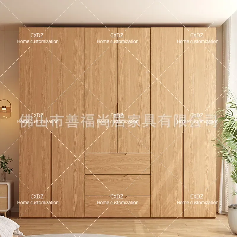 Solid Wood Oak Wardrobe Modern Simple Bedroom Storage Cabinet Log Color Locker Handleless Design for Home and Rental Room