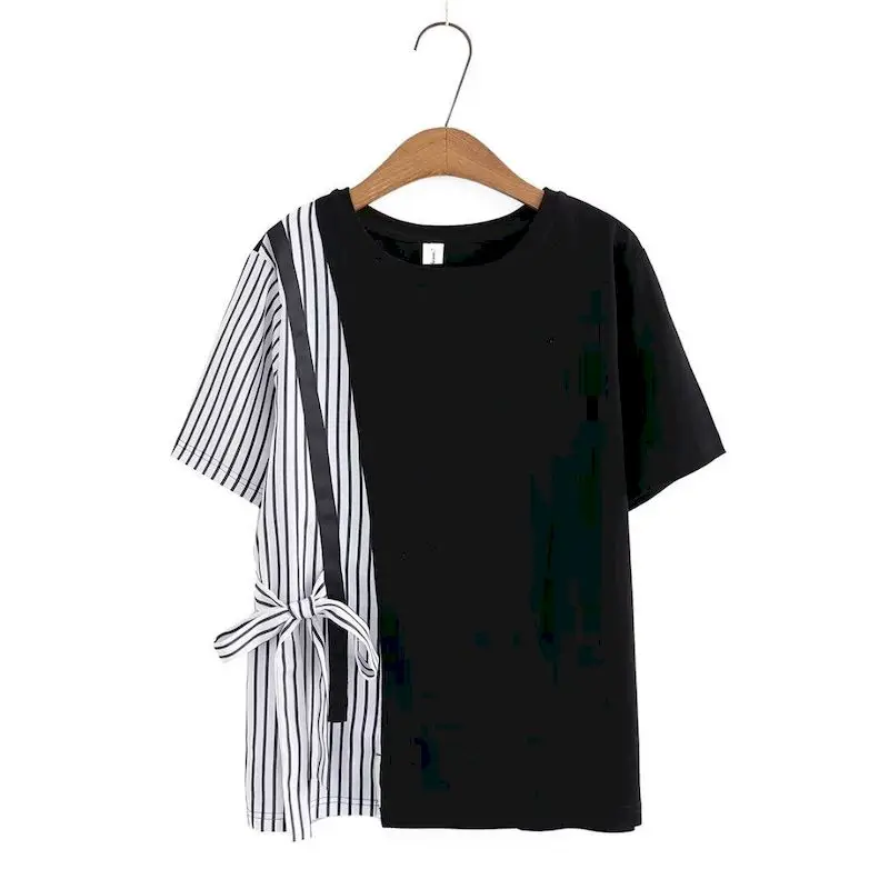 

Womens T Shirts Contrasting Color Irregular Short Sleeve T-shirt 2025 Summer Trendy Tops Design Sense Zipper Slit Slim Tshirts
