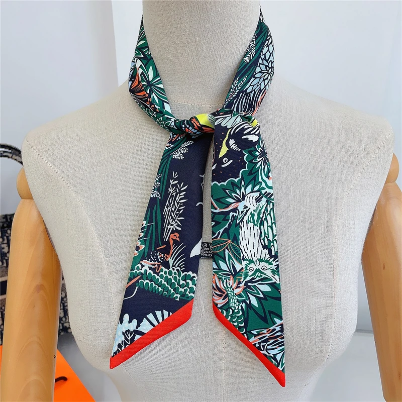 2022 luxo longo lenço de seda feminino animal cavalo impressão fina estreito lenço saco fita de cabelo scarfs mulheres neckerchief