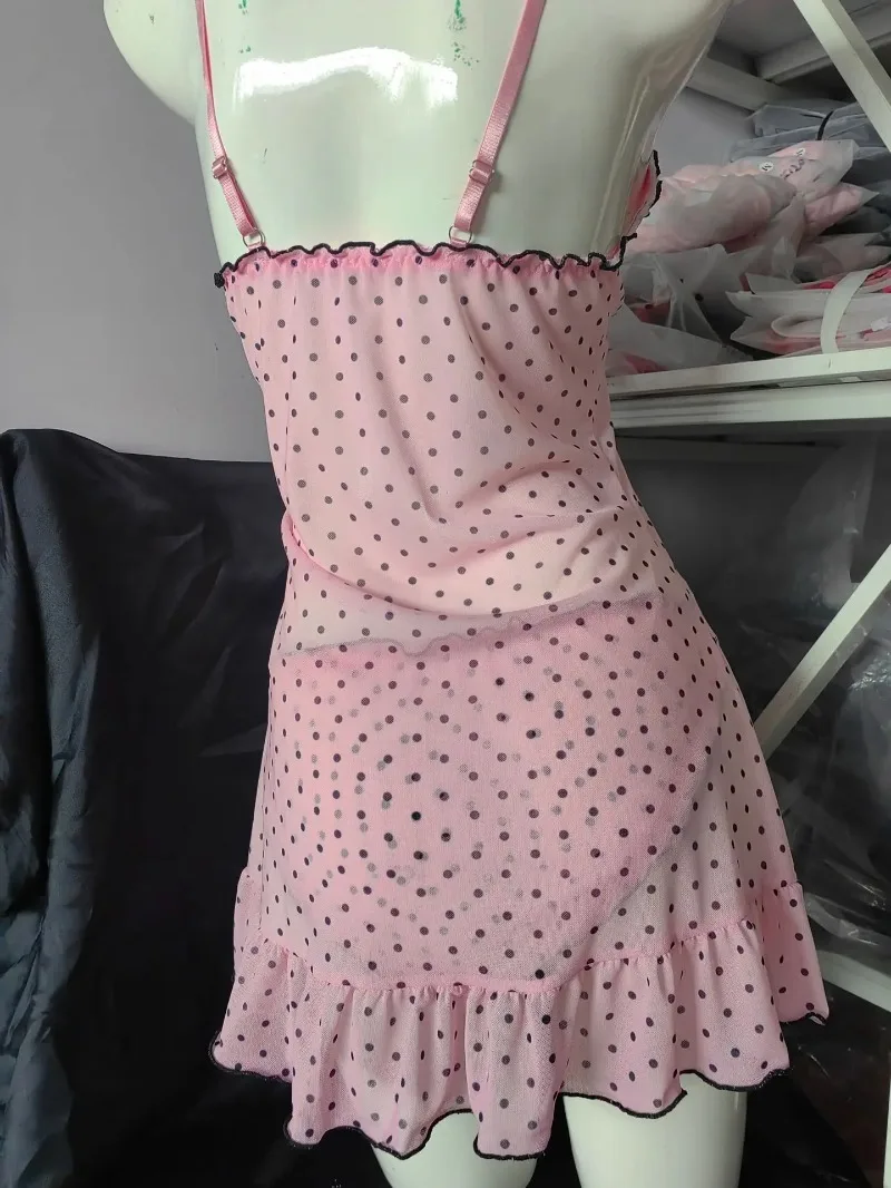 Sexy Women Pink Deep V Polka Dot Stretch Mesh Spaghetti Strap Nightgown Panties Two Piece Sleepwear Lingerie Set 2pcs view 5