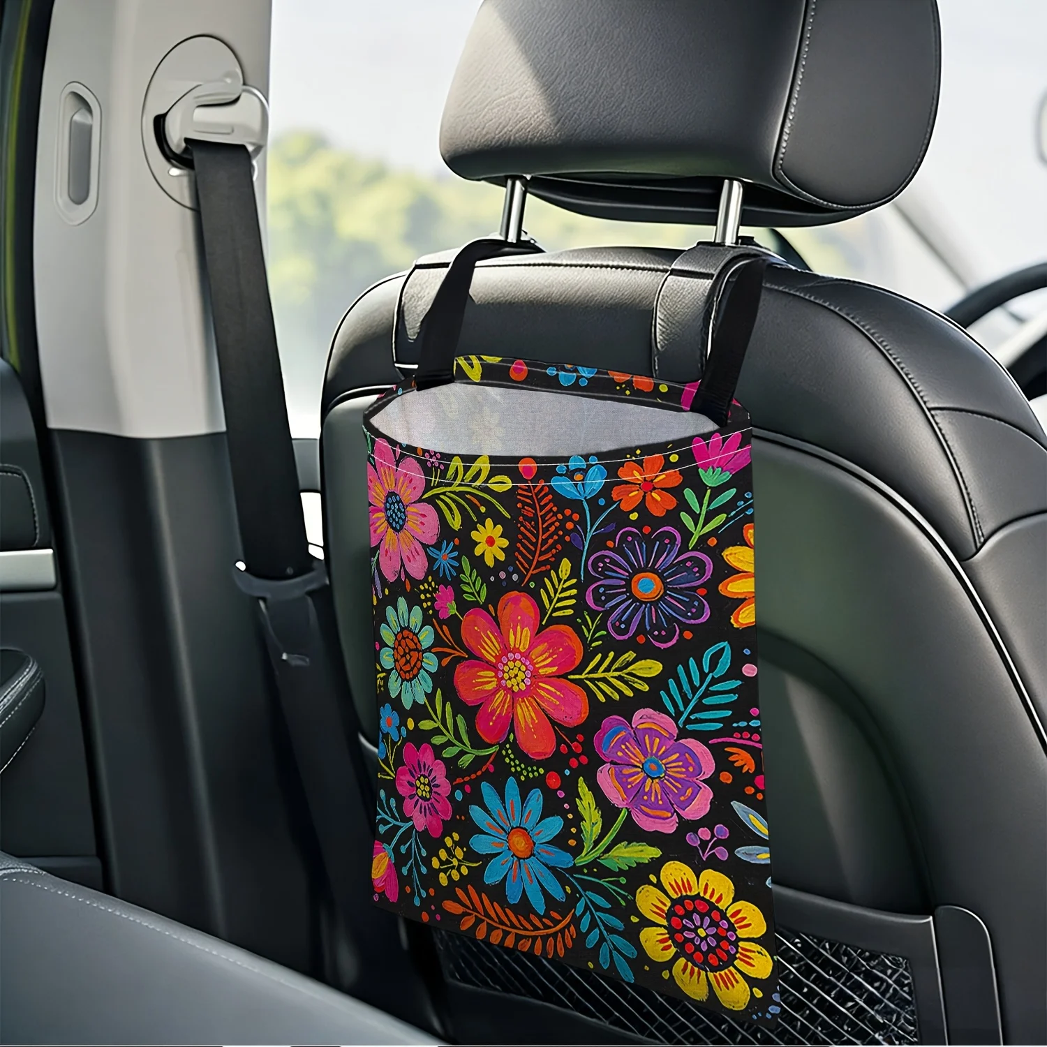 2/1 piece set of colorful hand-painted floral pattern 2D printed car trash bags. Fashionable storage, keeps the car interior tidy, universal hanging design, durable and portable, suitable for the back seat of cars. A p