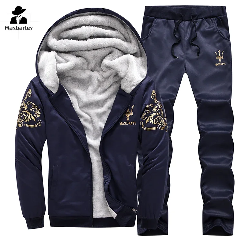 2024 New Winter Thick Men Sports Suit Tracksuit Hooded Sportswear Zipper Cardigan Hooded Woolen Trousers Pants Casual Men Set