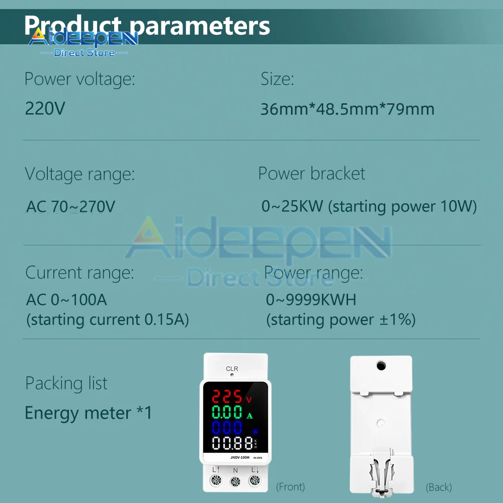 70-270V/100A Power Meter Household 4 in 1 Color Screen Multi-function AC Energy Power Voltmeter Voltage Amps Watt Kwh Meter