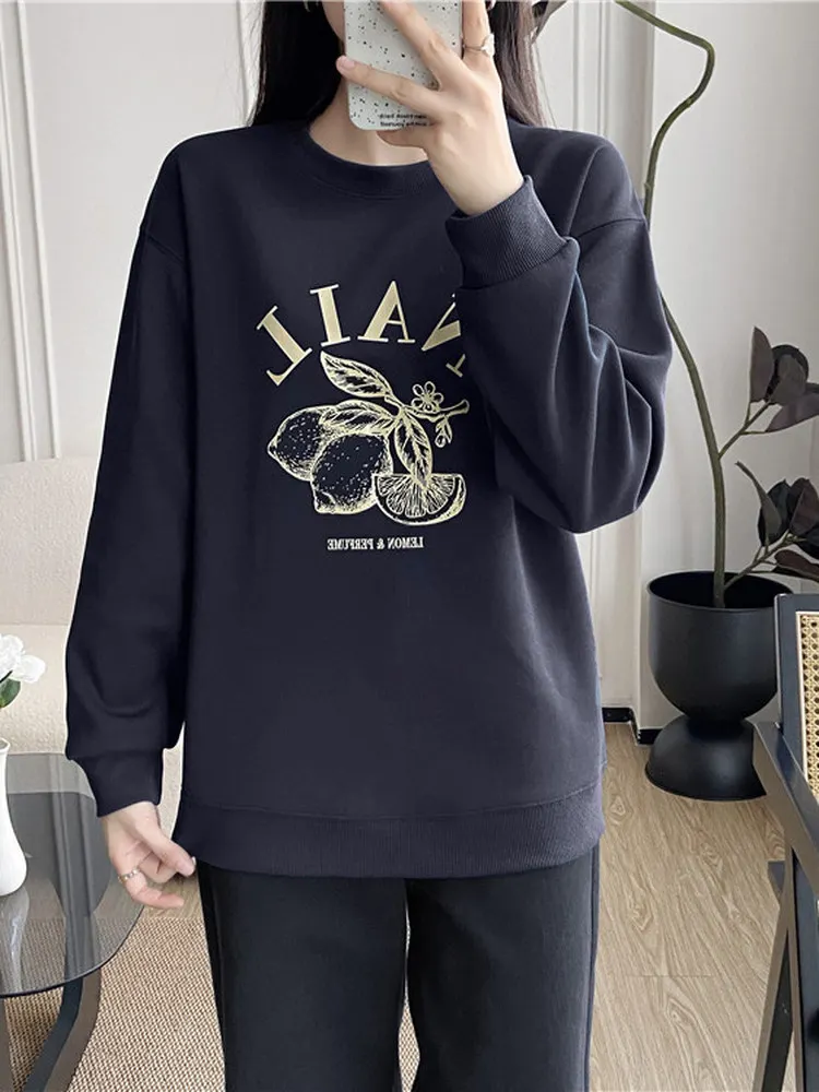 

Couple's Style Korean round Neck Long Sleeve Printed Sweatshirt Base Layer Inner Wear Classic Outerwear Cotton Polyester Blend
