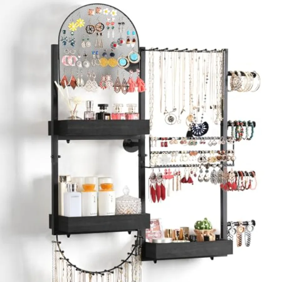 

Настенный подвесной органайзер для ювелирных изделий - большой держатель для серег, колец, ожерелий, браслетов, часов и духов - черный