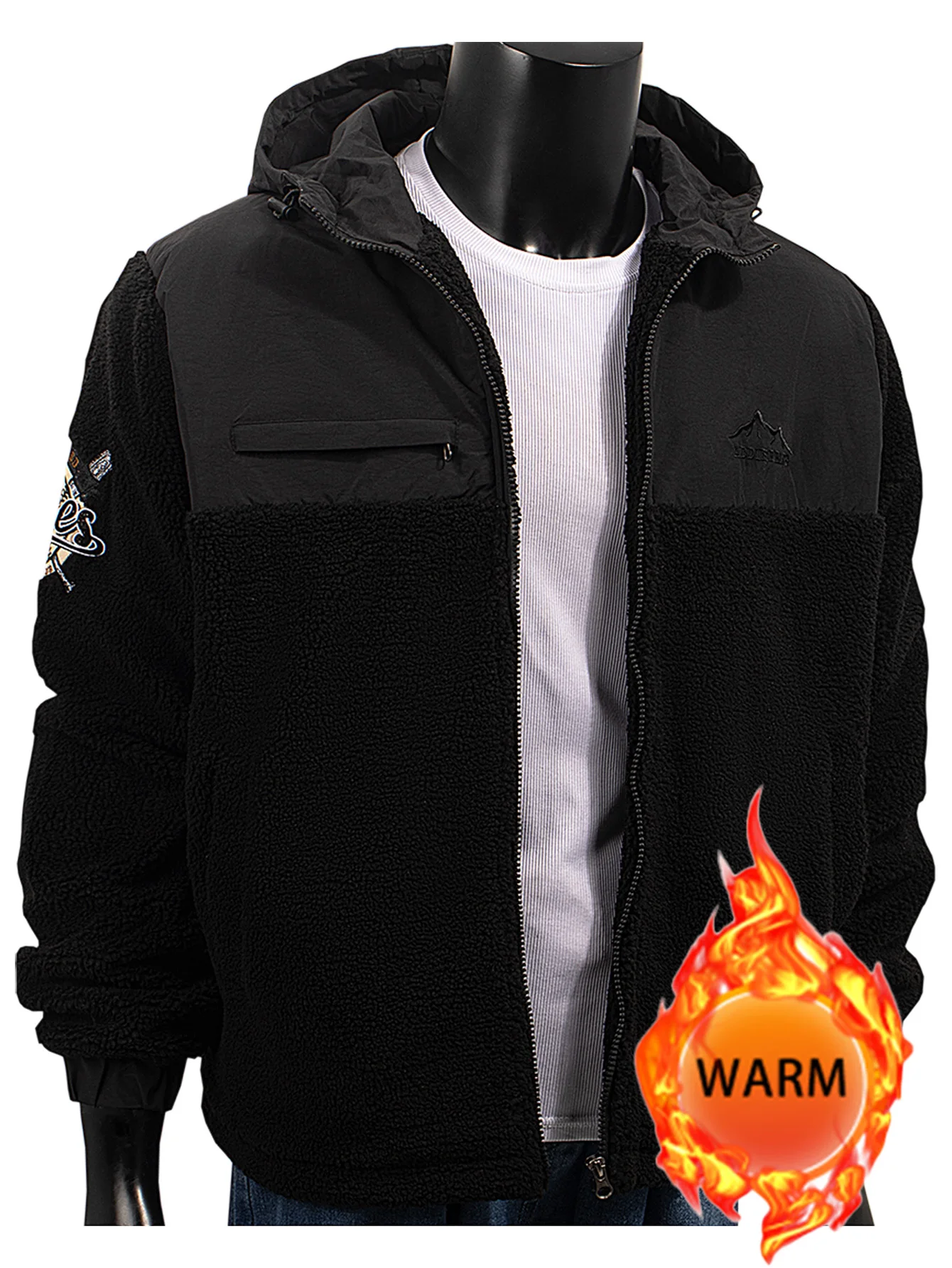 

Мужская флисовая куртка на молнии с капюшоном, утепленная теплая осенне-зимняя эластичная куртка с манжетами и карманами, верхняя одежда, повседневное пальто с вышивкой в стиле пэчворк