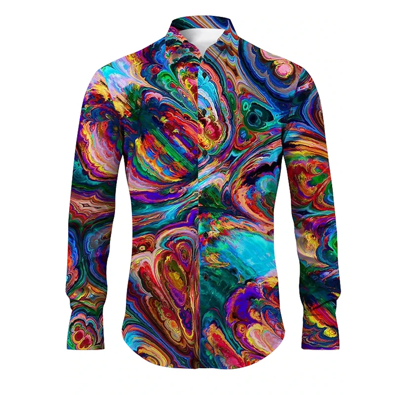 Full Print Optical Illusion Abstract Shirts For Men Long Sleeve Oversized Stretch Fabric Shirt Tops Mens Casual Button Blouse