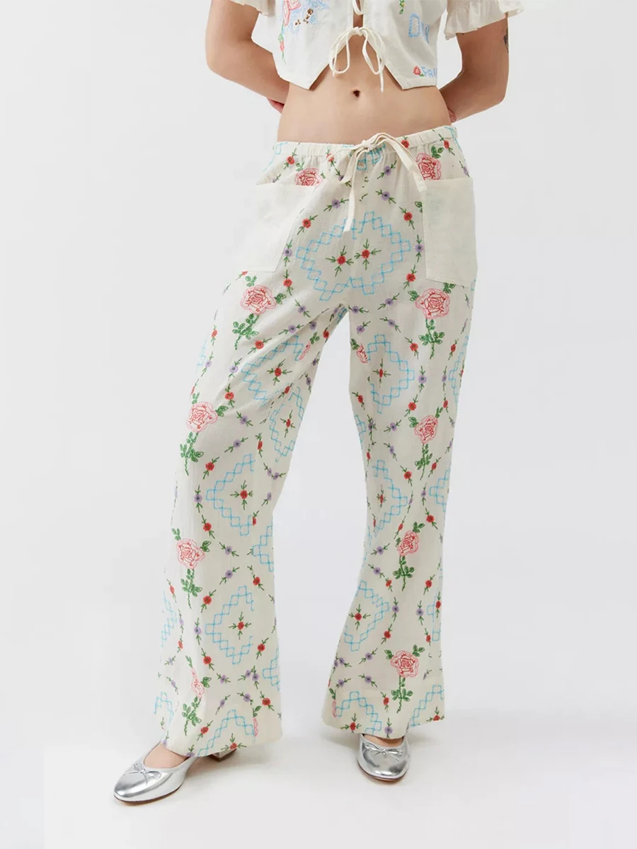 Conjunto de pijama de 2 piezas para mujer, ropa de dormir de manga corta con lazo frontal, Tops florales, Pantalones