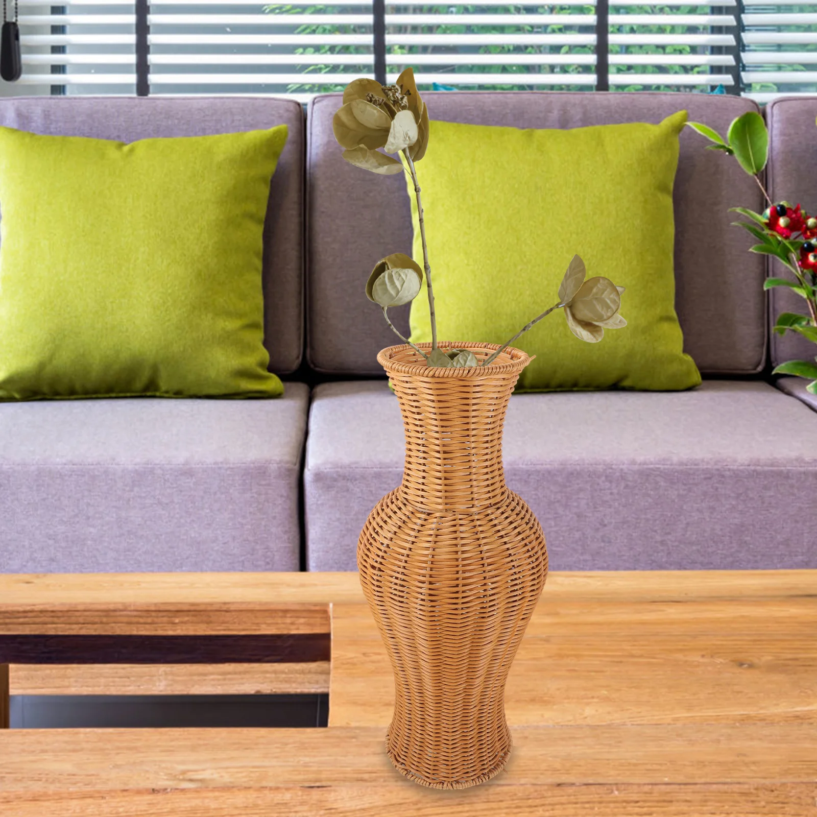 

Imitation Rattan Floor Vase Neutral Color Woven Plastic Flower Vase Decorative Holder for Home Office Wedding Flower Arrangement