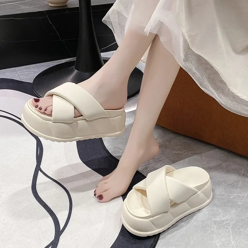 High Platform Slippers For Women Open Toe Leather Wedges Chunky Sandals New Summer soft Thick Bottom Female Beach Flip Flops 9CM