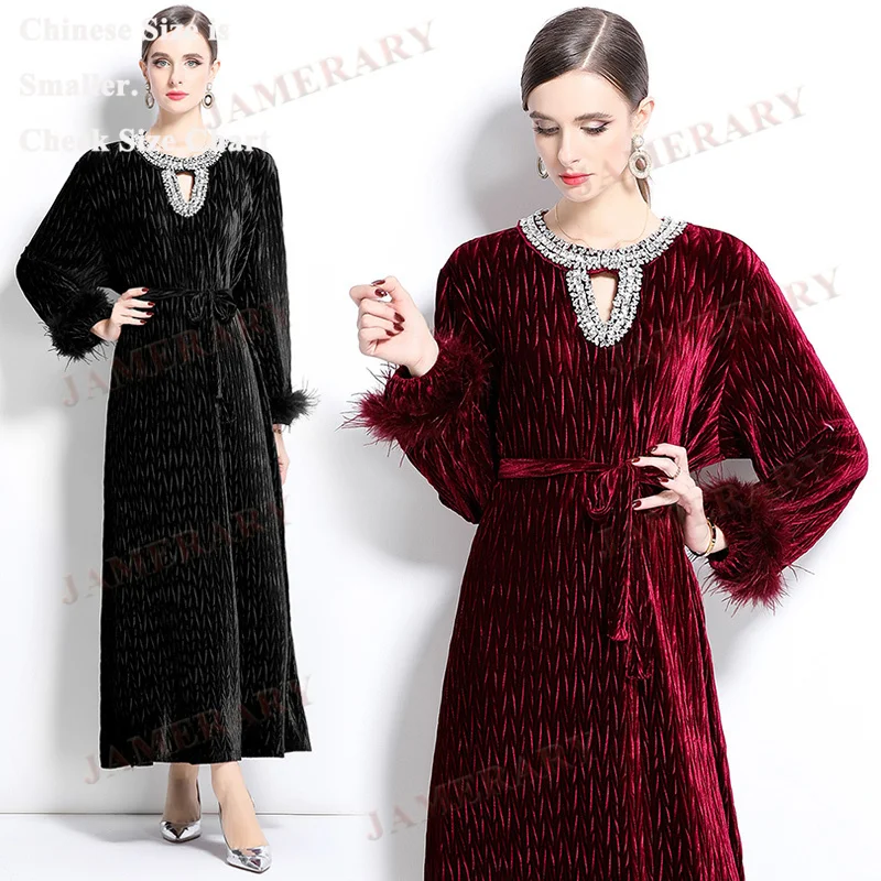 Sukienki jesienne z aksamitu dla kobiet, odzież zimowa, zdobione piórami strusimi, ażurowe, z koralikami, diamentami, z długim rękawem, plisowane, luźne, długie sukienki.