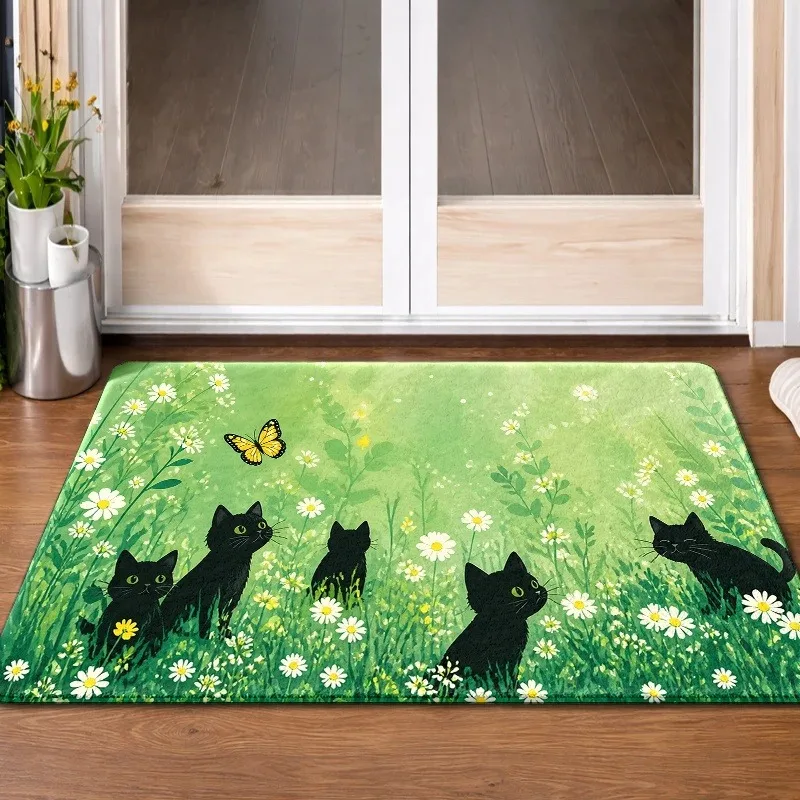 Cute Black Kitten Garden Doormat Daisy Butterfly Grass Print for Indoor Entrance Home Decor Floor Carpet