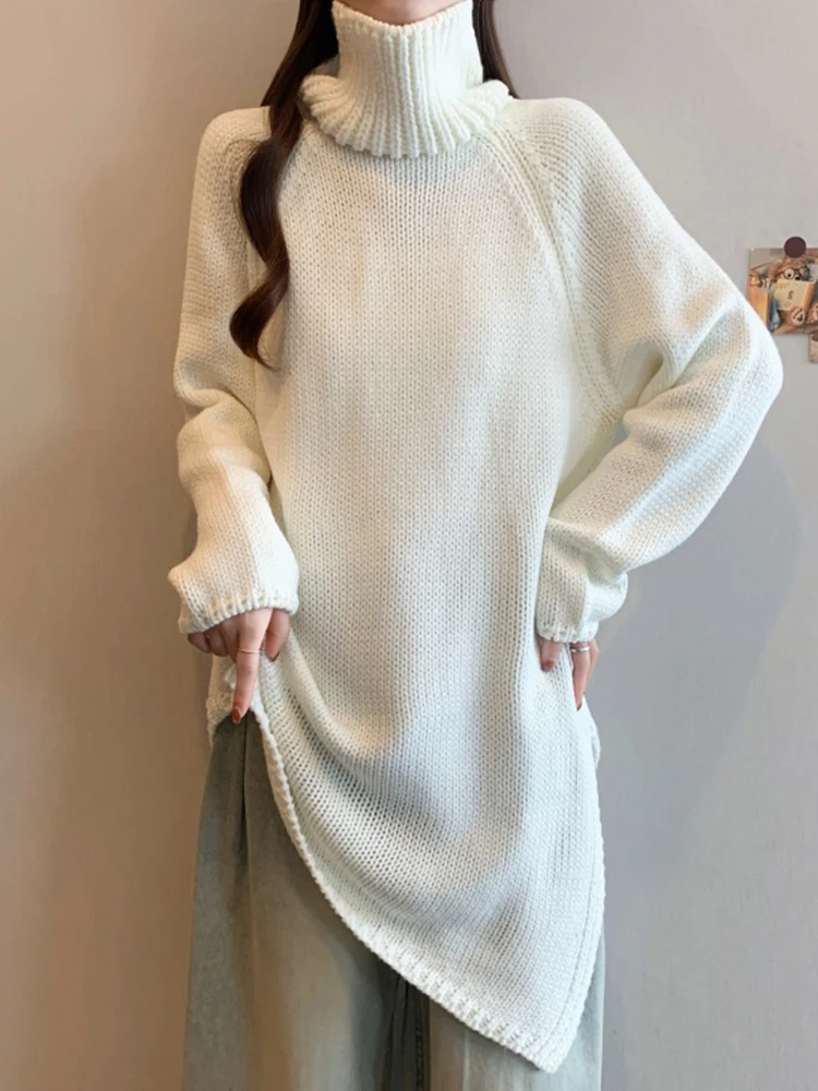 

Женский вязаный свитер с высоким воротником и длинными рукавами, свободного кроя, средней длины, повседневный, зимний, модный, для ношения под одеждой, топ