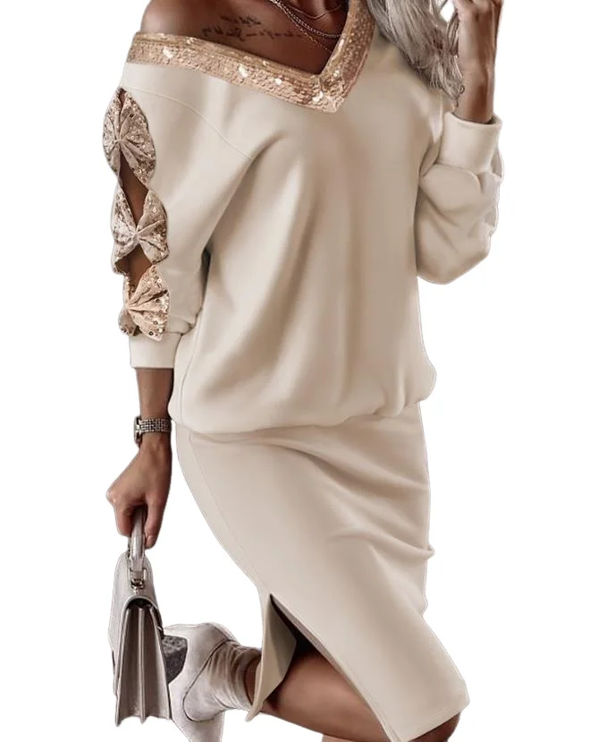 2023 Autumn Winter New Elegant Two Piece Set for Women Temperament Commuting Contrast Sequin Bow Decor Top Split Hem Skirt Set