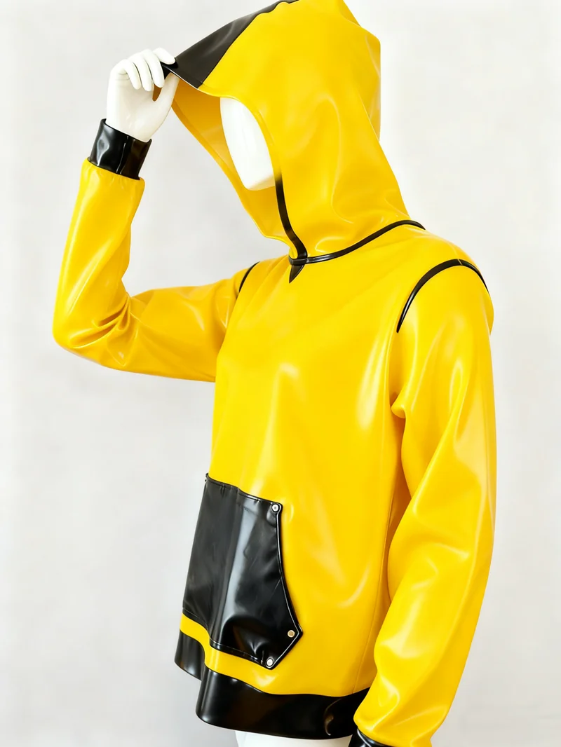 

Men’s latex Rubber Hoodie Latex Role playing costume Top Cosplay Handmade customization Party Yellow&Black
