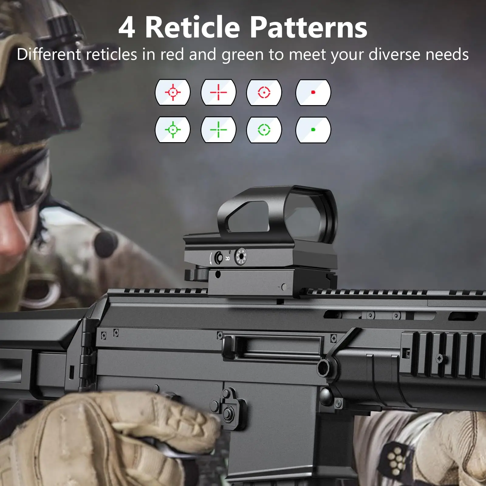 

Hunting Red Green Dot Sight 4 Adjustable Reticle Reflex Holographic Sight 9 Brightness Settings for 20mm Rail Mount